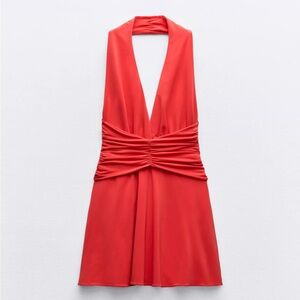 Zara red draped halter neck mini dress with ruched detail